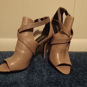 Nine West Beige Strappy Sandals with Silver Mesh Accent